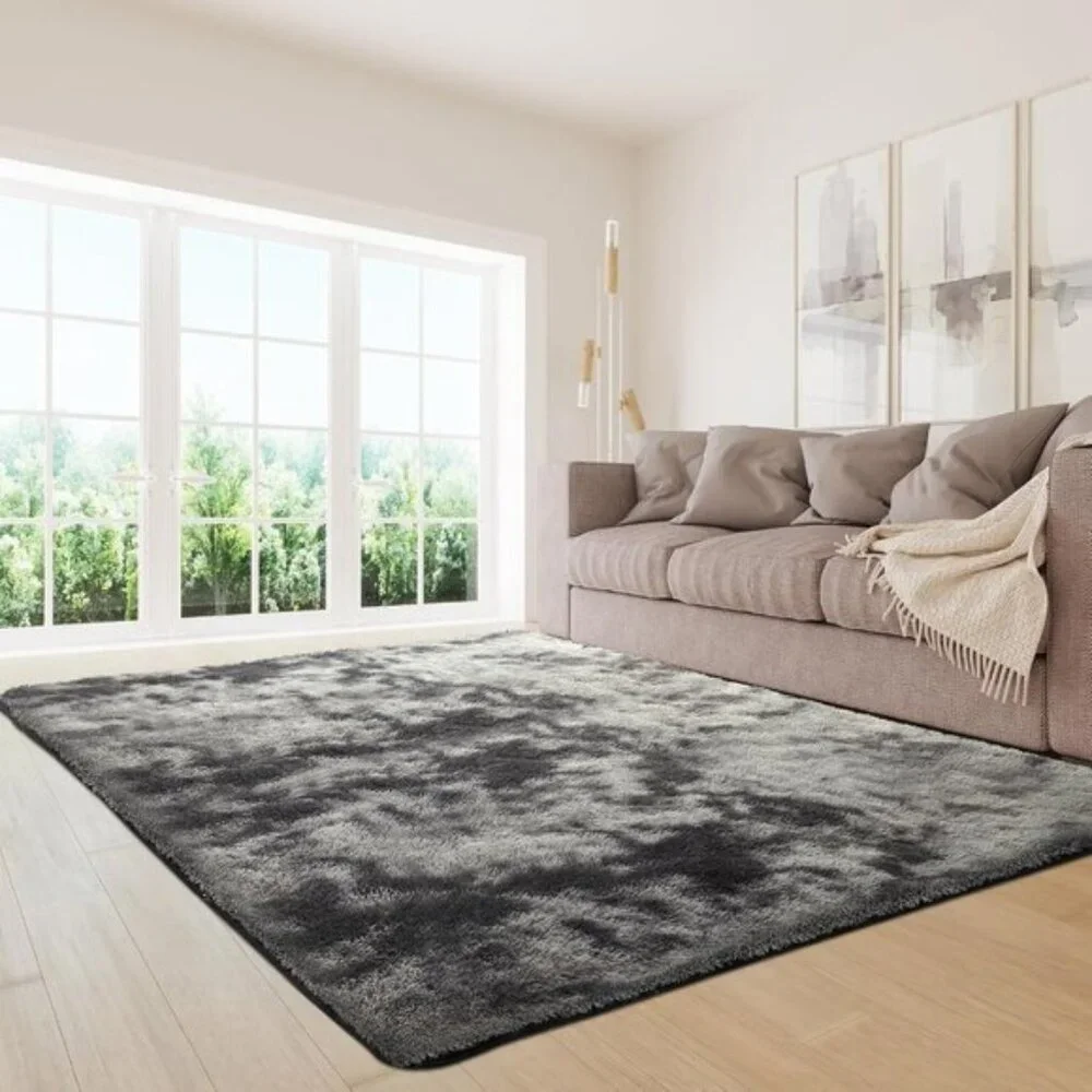 New 5x7 Tie-Dyed Dark Grey Rug, Luxury Fluffy Shag Carpet for Home & Room Decor